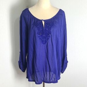 Lane Bryant Deep Blue Top With Elastic Waistband, Embroidered Neckline, Size 14